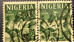 Nijerya Pulu -Nigeria Stamp - Mektup Zarfından Kesilmiş  / Postadan Geçmiş İkili Pul Filateli - DAMGALI - ODUN OYUCU TEMALI PUL, 3 PARA - YABANCI PULLAR -NOSTALJİK DOĞUM GÜNÜ HEDİYESİ
