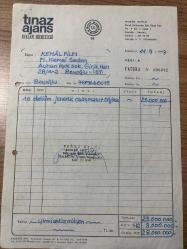 JENERİK ÇALIŞMASI FATURASI - 11 EYLÜL 1993 - TINAZ AJANS REKLAM HİZMETLERİ - NEHİR TINAZ - BEYOĞLU, İSTANBUL, ANTETLİ - KEMAL FİLM, MEHMET KEMAL SEDEN - BEYOĞLU, İSTANBUL - ISLAK İMZALI, KAŞELİ - 21 x 29 cm EBATLI ORİJİNAL FATURA,TÜRK SİNEMA - FİLM TARİHİ