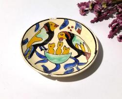 Antika Kütahya Çini Seramik Tabak - Serçe Kuş Desenli Eski Çini Tabak - Eski Seramik Dekoratif Obje