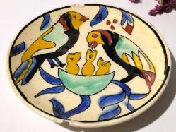 Antika Kütahya Çini Seramik Tabak - Serçe Kuş Desenli Eski Çini Tabak - Eski Seramik Dekoratif Obje