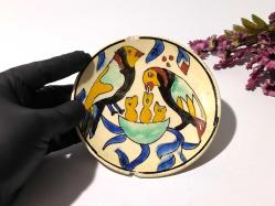 Antika Kütahya Çini Seramik Tabak - Serçe Kuş Desenli Eski Çini Tabak - Eski Seramik Dekoratif Obje