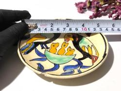 Antika Kütahya Çini Seramik Tabak - Serçe Kuş Desenli Eski Çini Tabak - Eski Seramik Dekoratif Obje