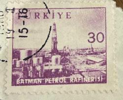 Türk Pulu - Turkish Stamp - Mektup Zarfından Kesilmiş  / Postadan Geçmiş Pul Filateli -  Damgalı - BATMAN PETROL RAFİNERİSİ, 30 PARA - Türkiye Cumhuriyeti - NOSTALJİK DOĞUM GÜNÜ HEDİYESİ
