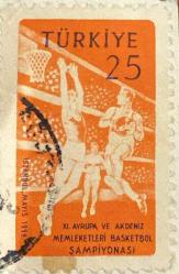 Türk Pulu - Turkish Stamp - Mektup Zarfından Kesilmiş  / Postadan Geçmiş Pul Filateli - Damgalı - XI. AVRUPA VE AKDENİZ MEMLEKETLERİ BASKETBOL ŞAMPİYONASI , İSTANBUL MAYIS 1959, 25 PARA - Türkiye Cumhuriyeti - NOSTALJİK DOĞUM GÜNÜ HEDİYESİ