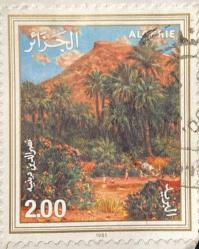 Cezayir Pulu - Algerie Stamp - Mektup Zarfından Kesilmiş  / Postadan Geçmiş Pul Filateli - Damgalı - PALMİYE AĞACI VE DAĞ TEMALI PUL , 2.00 PARA - YABANCI PULLAR-NOSTALJİK DOĞUM GÜNÜ HEDİYESİ