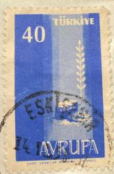 Türk Pulu - Turkish Stamp - Mektup Zarfından Kesilmiş  / Postadan Geçmiş Pul Filateli - Eskişehir, 14  Ekim 1953 Damgalı - AVRUPA TEMALI PUL, 40  PARA- Türkiye Cumhuriyeti - NOSTALJİK DOĞUM GÜNÜ HEDİYESİ