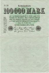 ALMANYA 100.000 MARK 1923. WEİMAR CUMHURİYETİ HİPERENFLASYON DÖNEMİNDE 1923-25 KULLANILMIŞTIR. ÇİLALTI KONDİSYON.