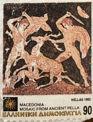 Yunanistan Pulu - Greek Stamp - Mektup Zarfından Kesilmiş  / Postadan Geçmiş Pul Filateli - DAMGALI - GEYİK AVI MOZAİĞİ TEMALI PUL 1992 , 90 PARA - YABANCI PULLAR -NOSTALJİK DOĞUM GÜNÜ HEDİYESİ