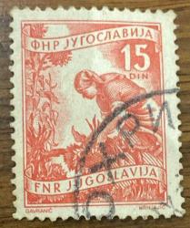 Yugoslavya Pulu - Yugoslavia Stamp - Mektup Zarfından Kesilmiş  / Postadan Geçmiş Pul Filateli -  DAMGALI - AYÇİÇEĞİ TOPLAYAN KÖYLÜ KADIN TEMALI PULL, 15 PARA - YABANCI PULLAR-NOSTALJİK DOĞUM GÜNÜ HEDİYESİ