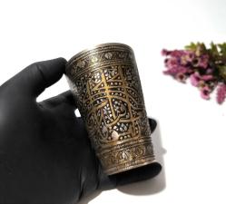 Antika Osmanlı Tuğralı Pirinç Bardak - Kalem İşi Kadeh - İşlemeli Bardak