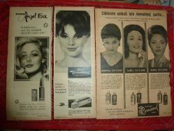 BAYAN KUAFÖR GÜZELLİK CİLT BAKIMI MAKYAJ MALZEMELERİ REKLAMLARI 1960-1965 YILLARI DERGİLERDEN ÇIKMA 32 ADET