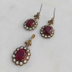 Yakut taşlı  Gümüş Kolye ve Küpe Seti Vintage