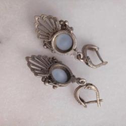 Etnik Sallantılı Küpeler,Mavi taşlı,Gümüş