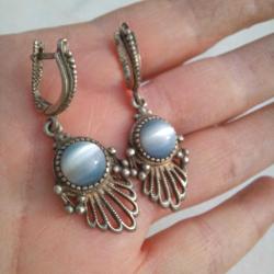 Etnik Sallantılı Küpeler,Mavi taşlı,Gümüş