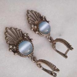 Etnik Sallantılı Küpeler,Mavi taşlı,Gümüş