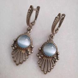 Etnik Sallantılı Küpeler,Mavi taşlı,Gümüş