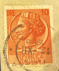 İtalya Pulu - Italy Stamp - Mektup Zarfından Kesilmiş  / Postadan Geçmiş Pul Filateli - 12 XII 1958 Damgalı - SYRACUSE MADENİ PARASI TEMALI İTALYAN PULU, 10 PARA - YABANCI PULLAR -NOSTALJİK DOĞUM GÜNÜ HEDİYESİ