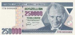 7. Emisyon I78 Serisi 250.000 Türk Lirası İlk Yüz Parası