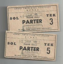 12 ŞUBAT 1961 BURSA AHMET VEFİK PAŞA TİYATROSU İKİ ADET OYUN BİLETİ...