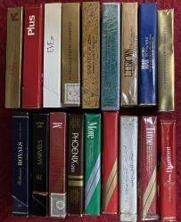 1970-1980 Dönemi Avrupa ve Amerika malı 120's uzun 18 adet birbirinden farklı kullanılmamış açılmamış dolu sigara paketleri Nadir kolleksiyonluk