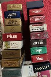 1970-1980 Dönemi Avrupa ve Amerika malı 120's uzun 18 adet birbirinden farklı kullanılmamış açılmamış dolu sigara paketleri Nadir kolleksiyonluk