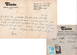 HÜSEYİN CAHİT YALÇIN (1875-1957) Islak imzalı ve tamamı el yazısı Osmanlıca, Hakkı Kılıçoğlu’na Tanin’deki makalesi ve Atatürk ile ilgili hatıralarının yayınlanması ile ilgili 1945’de yazılmış mektup