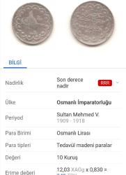 5 MEHMED REŞAD 10 KURUŞ 1327/7 KOSTANTİNİYE GÜMÜŞ ***RRR***ÇOK ÇOK NADİR