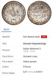 5 MEHMED REŞAD 5 KURUŞ 1327/1 BURSA GÜMÜŞ ÇA+ 