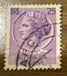 İtalya Pulu - Italy Stamp - Mektup Zarfından Kesilmiş  / Postadan Geçmiş Pul Filateli - Damgalı - SYRACUSE MADENİ PARASI TEMALI İTALYAN PULU, 25 PARA - YABANCI PULLAR -NOSTALJİK DOĞUM GÜNÜ HEDİYESİ