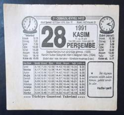 Efemera - Türkiye gazetesi takvimi = 28 - Kasım - 1991 - kitantik - kitaLog