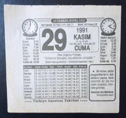 Türkiye gazetesi takvimi = 29 - Kasım - 1991