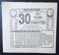 Türkiye gazetesi takvimi = 30 - Kasım - 1991