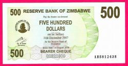 Zimbabwe 500 Dollars 2007 p43 UNC (MZT 15 127) ÇİL