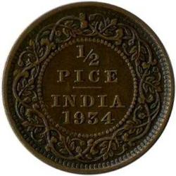 Hindistan/İngiliz Sömürge-1/2 Pice-1934-Kral V. George-Bronz-Kapamasında-ÇÇT