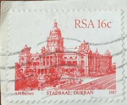 Güney Afrika Pulu - South Africa  Stamp - Mektup Zarfından Kesilmiş  / Postadan Geçmiş Pul Filateli -  DURBAN ŞEHRİ BELEDİYE BİNASI TEMALI PUL 1987, 16 PARA - YABANCI PULLAR-NOSTALJİK DOĞUM GÜNÜ HEDİYESİ