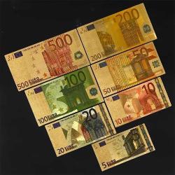7 ADET ALTIN VARAKLI HATIRA EURO YABANCI PARA SETİ KOLEKSİYON 7 adet Euro Para Birimi Replikaları, Altın Folyo Koleksiyonluk Plastik Banknotlar (X-100)