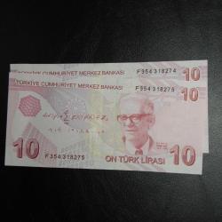 9. EMİSYON 10 TÜRK LİRASI  F 354 318274-318275  ÇİL ( 2 Lİ SERİ TAKİPLİ) TCB 0837
