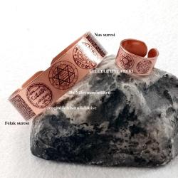 Bakır el işçilikli lüks bilezik ve yüzük set - süleyman mührü,celcelütiye, felak suresi,nas suresi,zenginlik tılsımı lahutiye yazılı