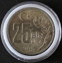 1995 Yılı Dünya Hoşgörü Yılı 25 Bin Lira FAO Hatıra Parası Tura'ya Göre Ters Plastik Kapsülünde