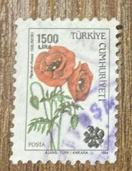 Türk Pulu - Turkish Stamp -  Postadan Geçmiş Pul Filateli - Damgalı - GELİNCİK ÇİÇEĞİ TEMALI PUL, 1500 LİRA - Türkiye Cumhuriyeti - NOSTALJİK DOĞUM GÜNÜ HEDİYESİ