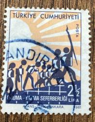 Türk Pulu - Turkish Stamp -  Postadan Geçmiş Pul Filateli - DAMGALI - OKUMA-YAZMA SEFERBERLİĞİ TEMALI PUL, 2 1/2 LİRA - Türkiye Cumhuriyeti - NOSTALJİK DOĞUM GÜNÜ HEDİYESİ