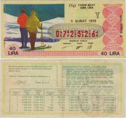 ESKİ MİLLİ PİYANGO 1/2 BİLET 9 ŞUBAT 1979 YARIM. KIŞ VE KAYAK TEMALI. 40 LİRA.
