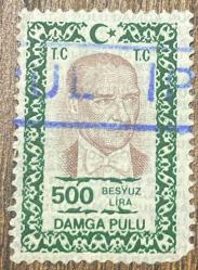 Türk Pulu - Turkish Stamp -  Postadan Geçmiş Pul Filateli - DAMGALI - ATATÜRK TEMALI PUL, 500 LİRA-Damga pulu - Türkiye Cumhuriyeti - NOSTALJİK DOĞUM GÜNÜ HEDİYESİ