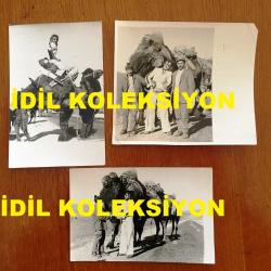 NEJAT UYGUR'UN ORİJİNAL 3'LÜ FOTOĞRAF SETİ - 13,5 x 12 cm ve 14 x 9 cm EBADINDA 3 ADET FOTOĞRAF - SİYAH & BEYAZ - NEJAT UYGUR DEVEYE BİNERKEN ÇEKİLMİŞ 3 FARKLI KARE