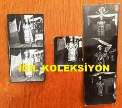 NEJAT UYGUR'UN EŞİ NECLA UYGUR'UN ORİJİNAL 3'LÜ FOTOĞRAF SETİ - 18 x 6 cm, 12 x 6 cm ve 6 x 5 cm EBADINDA 3 ADET FOTOĞRAF - SİYAH & BEYAZ - NECLA UYGUR APAÇİ KOSTÜMLERİYLE OYUN SERGİLERKEN ÇEKİLMİŞ 5 FARKLI KARE (3 FOTOĞRAFIN İÇİNDE) - 23 EKİM 1971