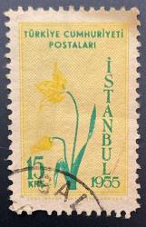 Türk Pulu - Turkish Stamp -  Postadan Geçmiş Pul Filateli - DAMGALI - İSTANBUL 1955 LALE TEMALI PUL , 15 KURUŞ - Türkiye Cumhuriyeti - NOSTALJİK DOĞUM GÜNÜ HEDİYESİ