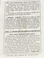 9 OCAK 2001 - TAKVİM YAPRAĞI - DOĞUM GÜNÜ HEDİYESİ - BÜYÜK SAATLİ MAARİF TAKVİMİ - CEMİL SENA - MİLLETLER ARASI SAATİN KABULÜ - HALİDE EDİP ADIVAR'IN VEFATI - FRAZLER HUNT