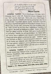 14 OCAK 2001 - TAKVİM YAPRAĞI - DOĞUM GÜNÜ HEDİYESİ - BÜYÜK SAATLİ MAARİF TAKVİMİ - MEHMET EMİN YURDAKUL - MEHMET ESENDAL - ZÜBEYDE HANIMIN VEFATI