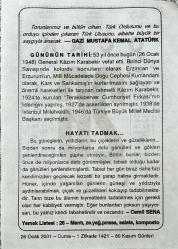 26 OCAK 2001 - TAKVİM YAPRAĞI - DOĞUM GÜNÜ HEDİYESİ - BÜYÜK SAATLİ MAARİF TAKVİMİ - KAZIM KARABEKİR - GAZİ MUSTAFA KEMAL ATATÜRK - CEMİL SENA