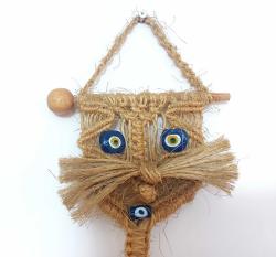 Eskilerden KEDİ Makrome - Cam Nazar Boncuklu Duvar Süsü - El İşi Nazarlık